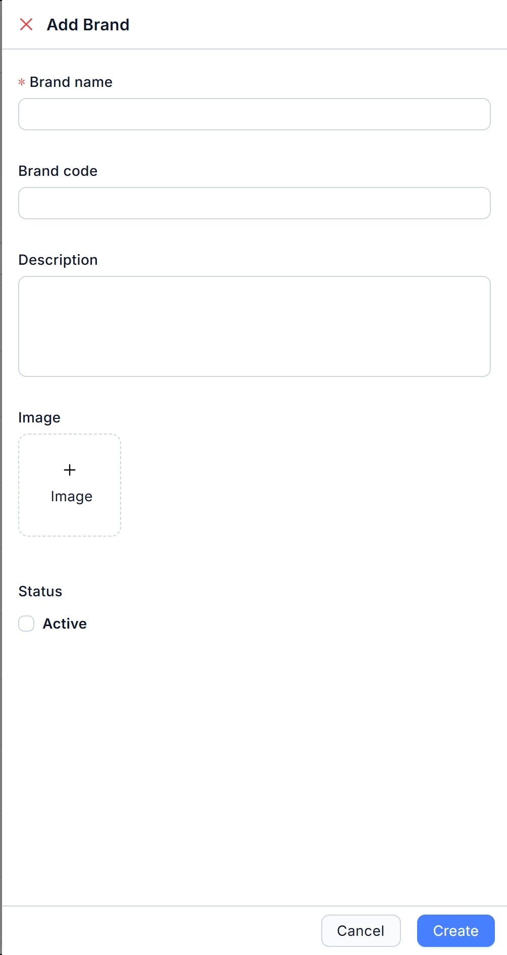 Form Add Brand dạng drawer với 5 trường được khoanh số: Brand name (1), Brand code (2), Description (3), Image (4), Status/Active (5).