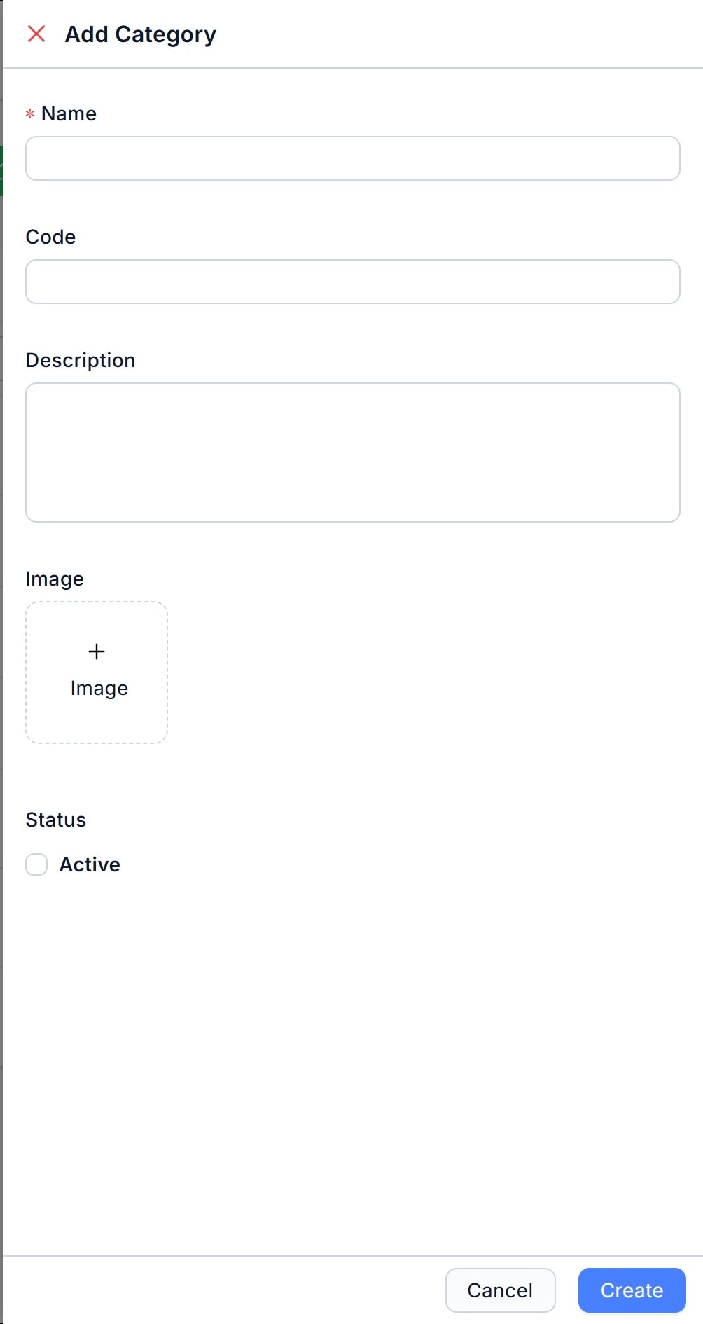 Drawer Add Category: các trường Name, Code, Description, Image, ô tick Active số 1 và nút Create số 2 được khoanh đỏ.