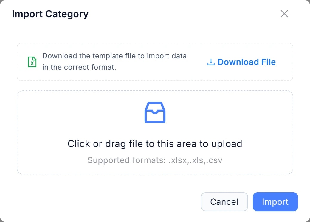 Hộp thoại Import Category: liên kết Download File (số 1) và khung kéo-thả file (số 2) được khoanh đỏ.