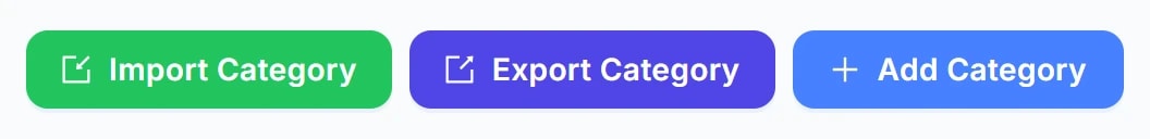 Ba nút ở góc trên bên phải màn hình Danh sách Danh mục: Import Category (xanh lá), Export Category (navy), Add Category (xanh dương).