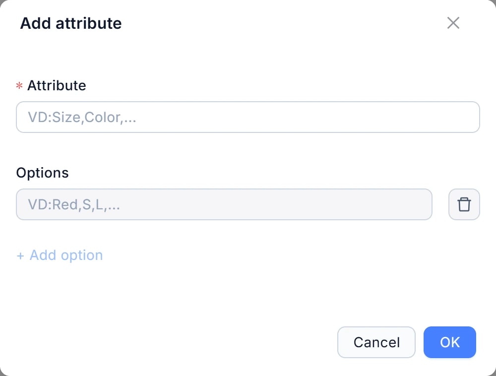 Hộp thoại Add attribute: ô Attribute (1), ô Options (2), liên kết + Add option (3), nút OK (4) được khoanh đỏ.