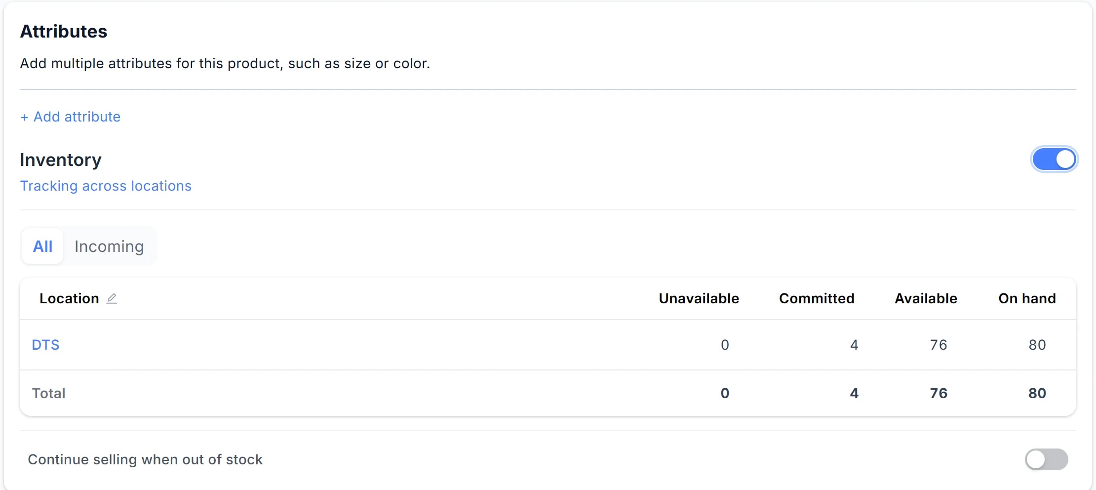 Phần Inventory bên trong khối Attributes: công tắc Tracking across locations (khoanh 1), bảng tồn kho theo kho với các cột Location, Unavailable, Committed, Available, On hand, và công tắc Continue selling when out of stock (khoanh 2).