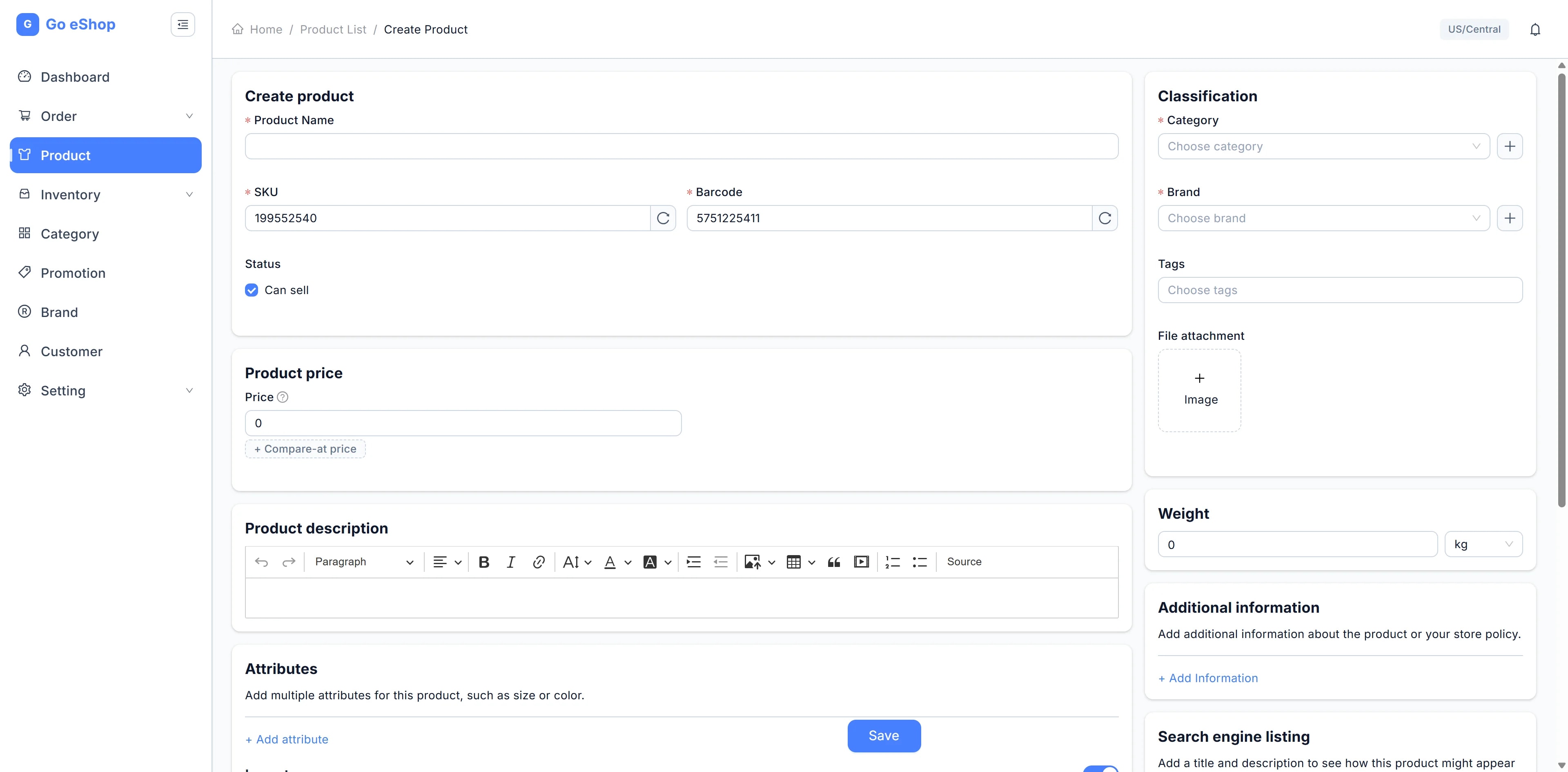 Toàn bộ trang Create product: sidebar bên trái; các khối Create product, Product price, Product description, Attributes ở giữa; cột Classification, Weight, Additional information, Search engine listing bên phải.