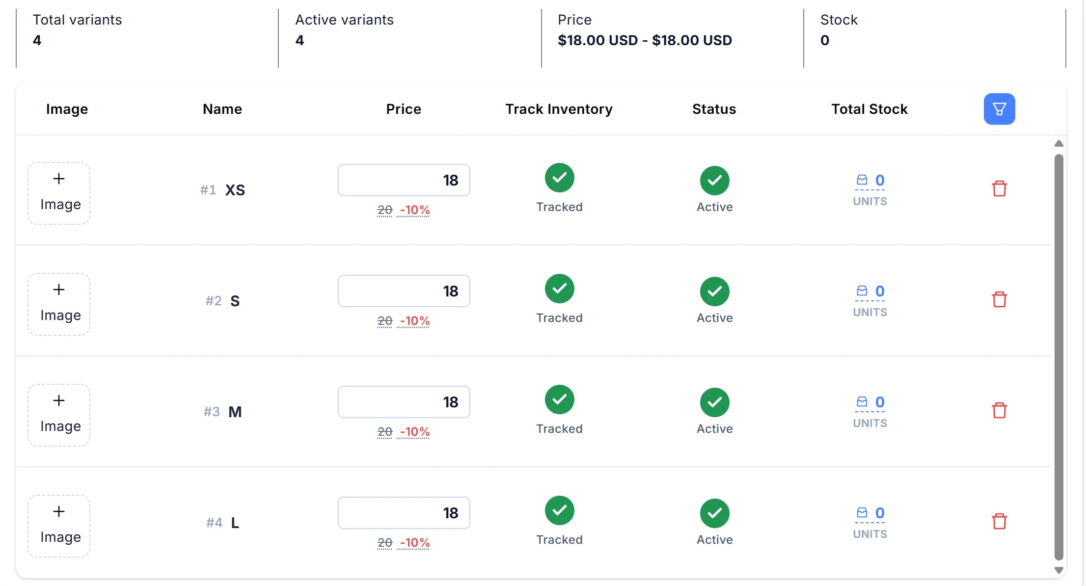 Bảng biến thể của sản phẩm có thuộc tính: 4 biến thể XS, S, M, L với các cột Image, Name, Price, Track Inventory, Status và Total Stock; cột Total Stock được khoanh đỏ, mỗi ô hiển thị biểu tượng hộp kèm số lượng và chữ units.