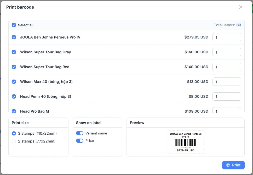 Hộp thoại Print barcode: ô Select all và dòng Total labels ở trên, danh sách sản phẩm kèm giá và ô số lượng tem cho từng dòng; phía dưới là Print size (3 stamps 110x22mm hoặc 2 stamps 77x22mm), Show on label (công tắc Variant name và Price) và khung Preview hiển thị nhãn mẫu; nút Print ở góc dưới bên phải.