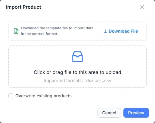 Hộp thoại Import Product: liên kết Download File (số 1) ở khối mô tả trên cùng, khung kéo-thả file (số 2), ô tích Overwrite existing products (số 3), và nút Preview (số 4) ở góc dưới bên phải (cạnh nút Cancel).