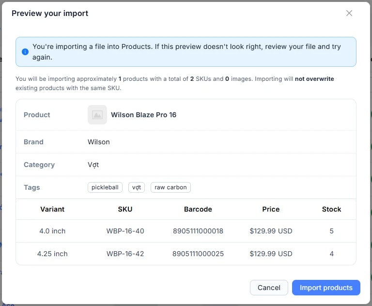 Hộp thoại Preview your import: banner thông tin ở trên; dòng tóm tắt số sản phẩm / SKU / ảnh kèm ghi chú 'not overwrite'; khối Product (Wilson Blaze Pro 16, Brand, Category, Tags) và bảng biến thể với các cột Variant, SKU, Barcode, Price, Stock; nút Import products (khoanh số 5) và nút Cancel ở dưới cùng.