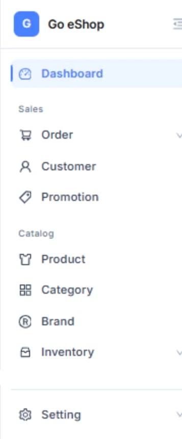 Menu bên trái chia nhóm: Dashboard; nhóm Sales gồm Order (xổ ra Order List, Order Return), Customer, Promotion; nhóm Catalog gồm Product, Category, Brand, Inventory (xổ ra Inventory List, Purchase Orders, Transfers, Stock Counts); và Setting (xổ ra Shop Profile, Payment, Shipping, Locations, Suppliers, Email Notifications, Return Rules).