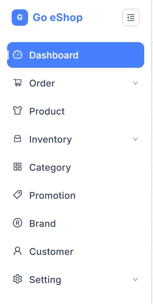 Menu bên trái: Dashboard, Order, Product, Inventory, Category, Promotion, Brand, Customer, Setting.