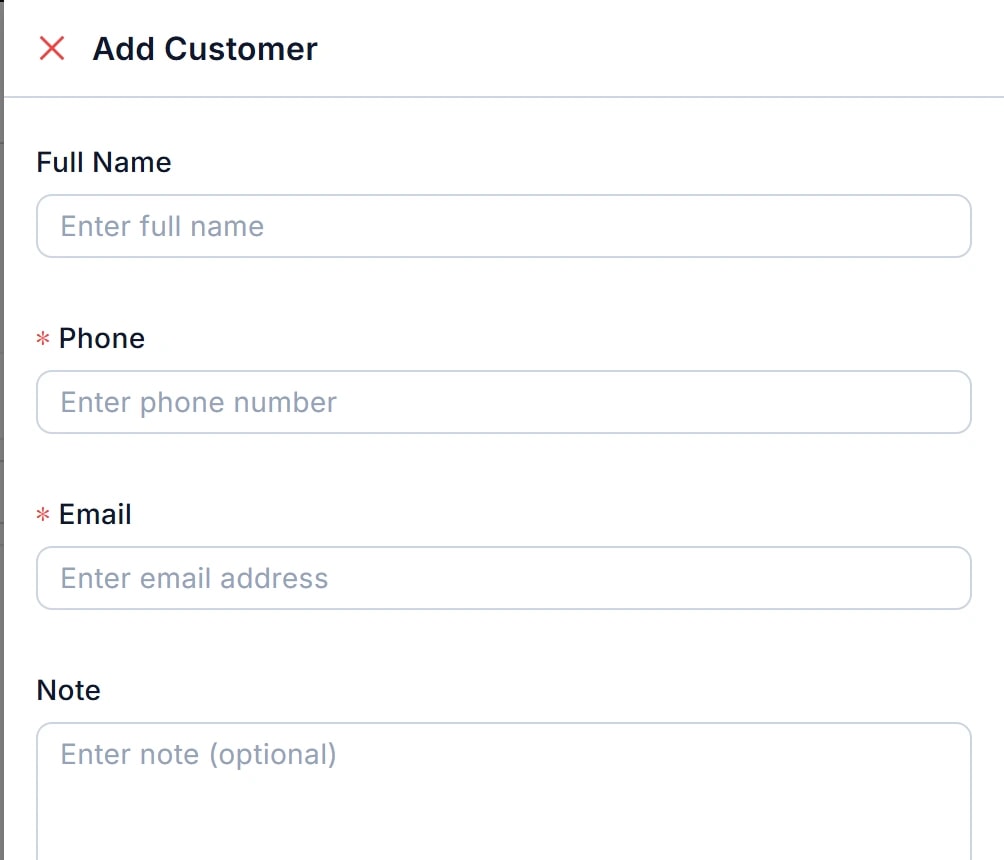 Form Add Customer: Full Name (1), Phone (2, bắt buộc), Email (3, bắt buộc), Note (4). Phone và Email có dấu * đỏ.