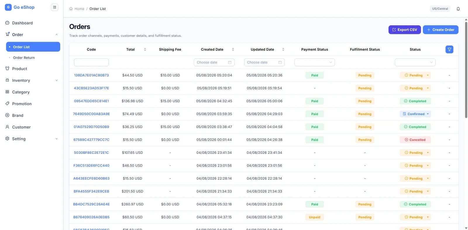 Màn hình Danh sách Đơn hàng: bảng đơn hàng với các cột Code, Total, Shipping Fee, Created Date, Updated Date, Payment Status, Fulfillment Status, Status; nút Export CSV và Create Order ở góc trên bên phải.