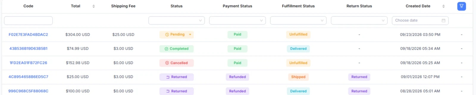 Trích bảng đơn hàng: cột Status (pill trạng thái kèm mũi tên) là menu xổ xuống, được khoanh đỏ ở dòng Pending.