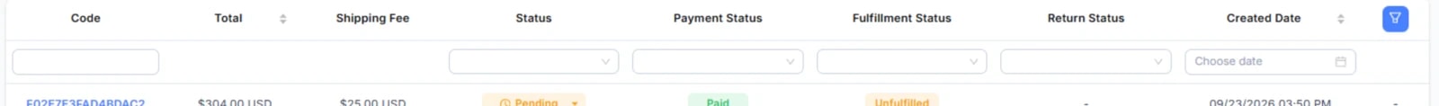 Dòng ô lọc dưới tên cột: Code (1), Status (2), Payment Status (3), Fulfillment Status (4), Return Status (5), Created Date (6) được khoanh số.