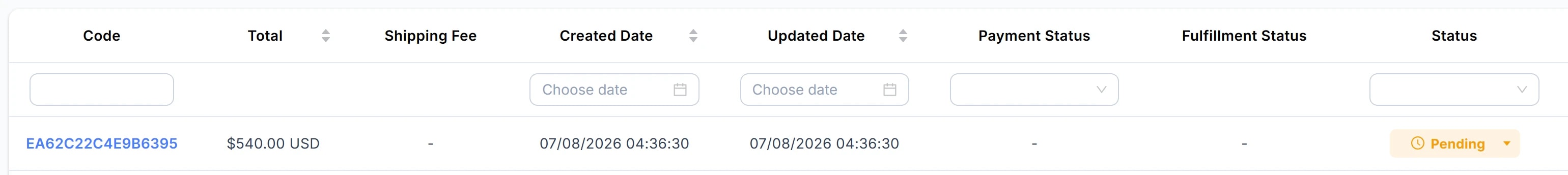 Dòng ô lọc dưới tên cột: Code (1), Created Date (2), Updated Date (3), Payment Status (4), Status (5) được khoanh số.