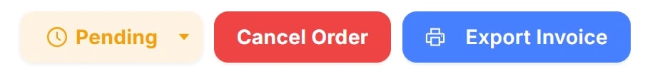 Ba nút ở đầu trang chi tiết: nhãn trạng thái (1), Cancel Order (2), Export Invoice (3) được khoanh đỏ.