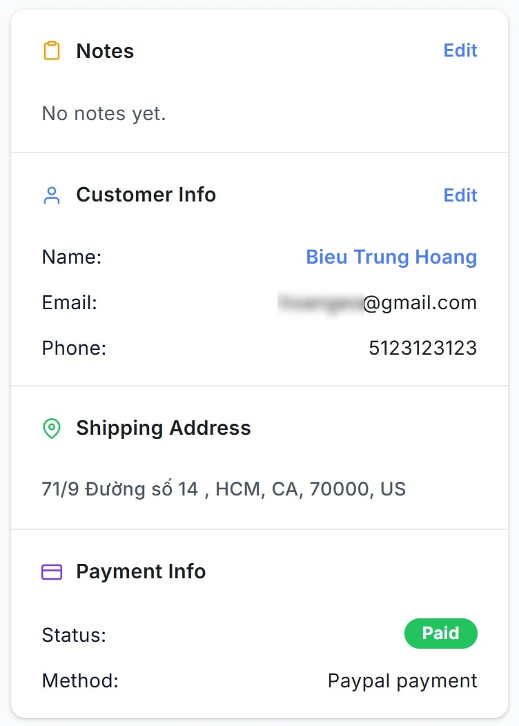 Cột trái trang chi tiết: thẻ Notes, Customer Info (Name/Email/Phone), Shipping Address, Payment Info (Status Paid, Method Paypal).