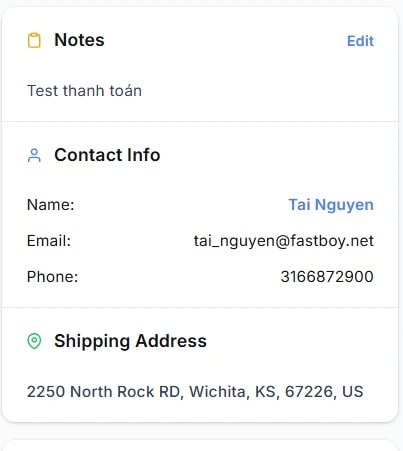 Cột trái trang chi tiết: thẻ Notes, Contact Info (Name/Email/Phone), Shipping Address.