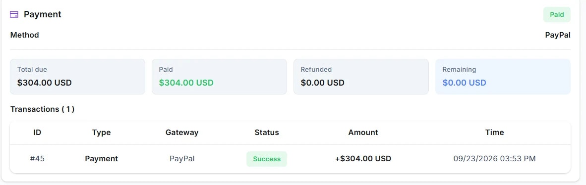 Khối Payment: Method PayPal và nhãn Paid; bốn ô Total due, Paid, Refunded, Remaining; bảng Transactions với ID, Type, Gateway, Status (Success), Amount, Time.