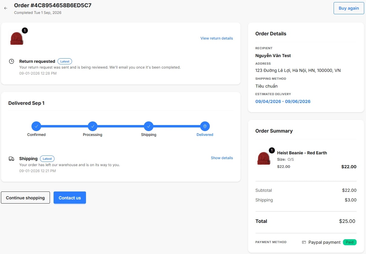 Trang theo dõi đơn sau khi gửi: mốc 'Return requested — Your return request was sent and is being reviewed' với thời gian, và link View return details.