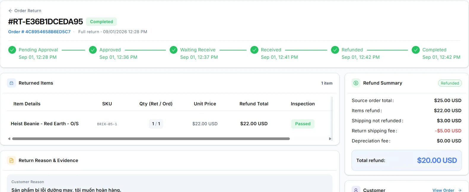 Chi tiết phiếu hoàn RT-E36B1DCEDA95 (Completed): thanh 6 bước Pending Approval → Approved → Waiting Receive → Received → Refunded → Completed đều tích xanh kèm giờ; bảng Returned Items; Refund Summary với Source order total $25, Items refund $22, Shipping not refunded $3, Return shipping fee -$5, Depreciation fee $0, Total refund $20; khối Customer bên phải.
