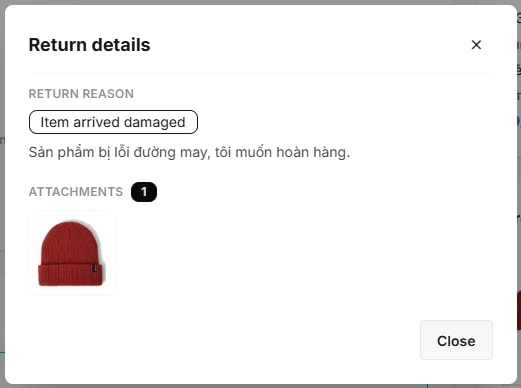 Hộp thoại Return details phía khách: Return reason 'Item arrived damaged' kèm mô tả, và 1 ảnh đính kèm return-evidence.jpg.