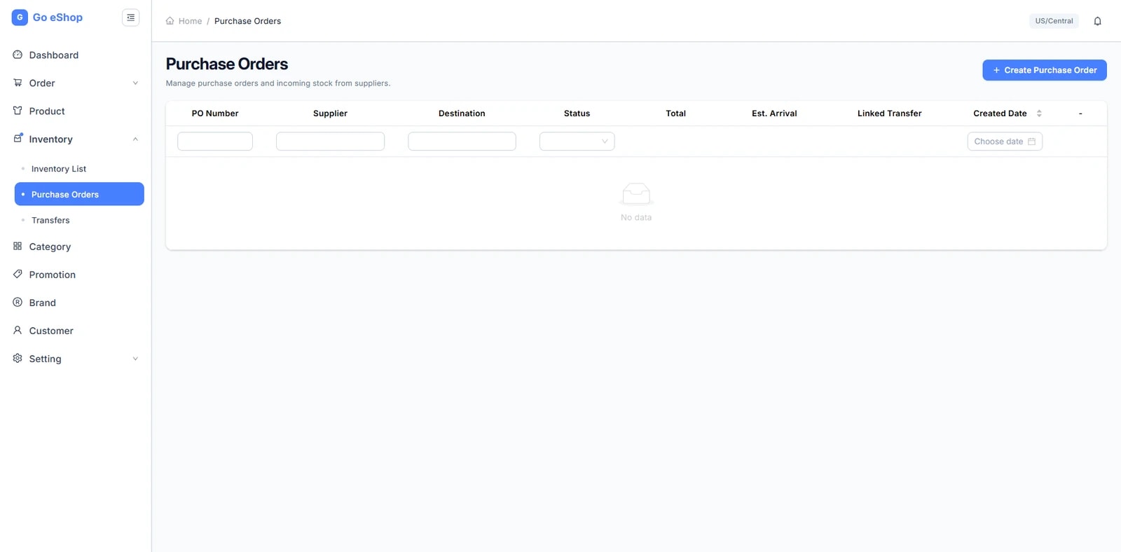 Màn hình Purchase Orders: bảng đơn mua hàng với các cột PO Number, Supplier, Destination, Status, Total, Est. Arrival, Linked Transfer, Created Date; nút Create Purchase Order ở góc trên bên phải.