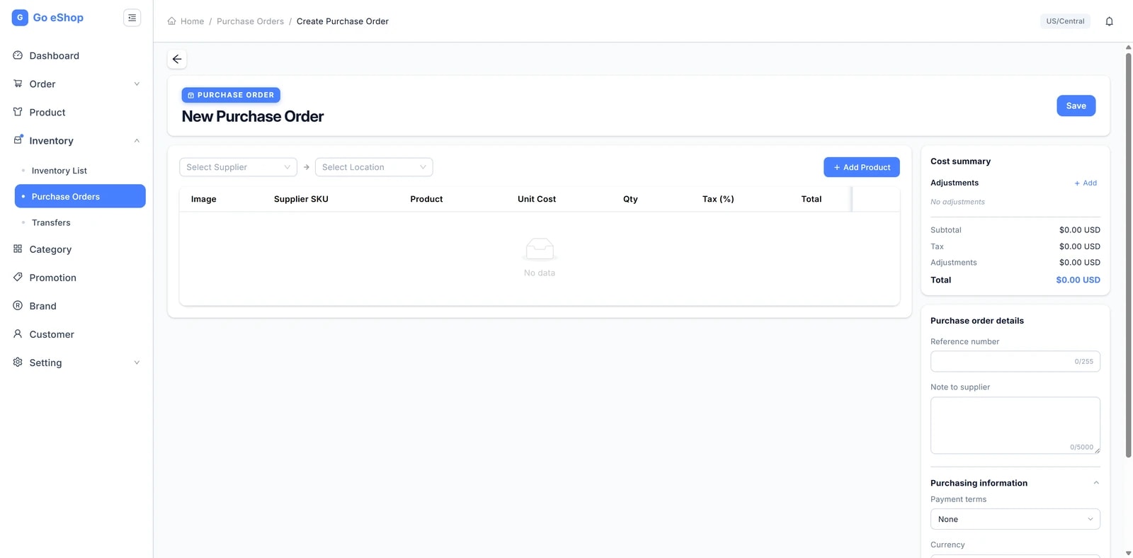 Trang tạo Purchase Order: ô chọn Supplier và Location ở đầu, bảng sản phẩm với các cột Image, Supplier SKU, Product, Unit Cost, Qty, Tax (%), Total; cột phải có Cost summary, Purchase order details, Purchasing information, Tags.