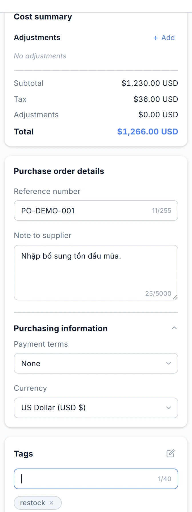 Cột phải trang tạo phiếu: Cost summary (Subtotal, Tax, Total), Purchase order details (Reference number, Note to supplier), Purchasing information (Payment terms, Currency), Tags.