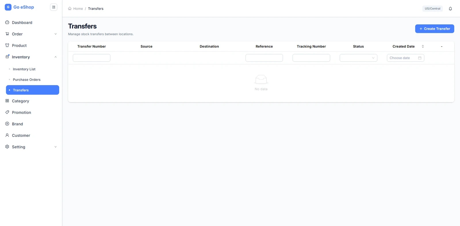 Màn hình Transfers với bảng các phiếu chuyển kho (Transfer Number, Source, Destination, Reference, Tracking Number, Status, Created Date) và nút Create Transfer ở góc trên bên phải.