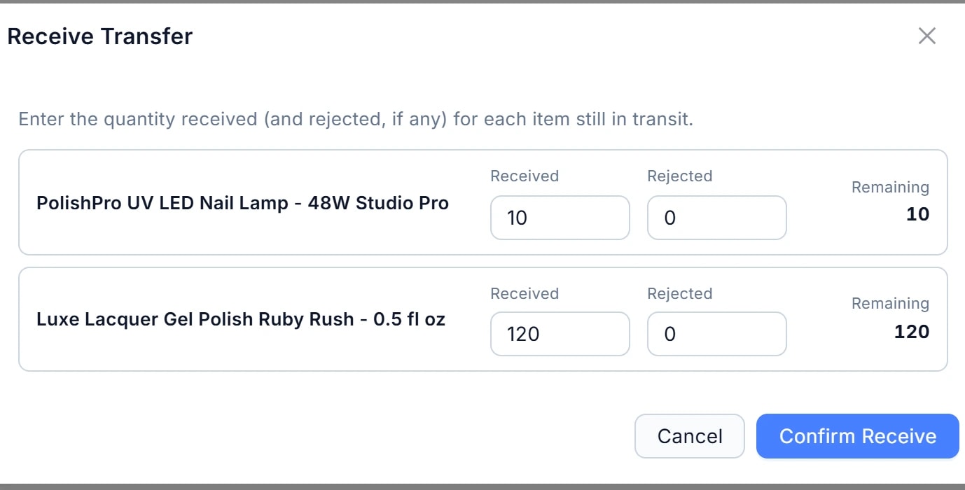 Popup Receive Transfer: mỗi sản phẩm có ô Received, Rejected và số Remaining; dưới cùng có nút Cancel và Confirm Receive.