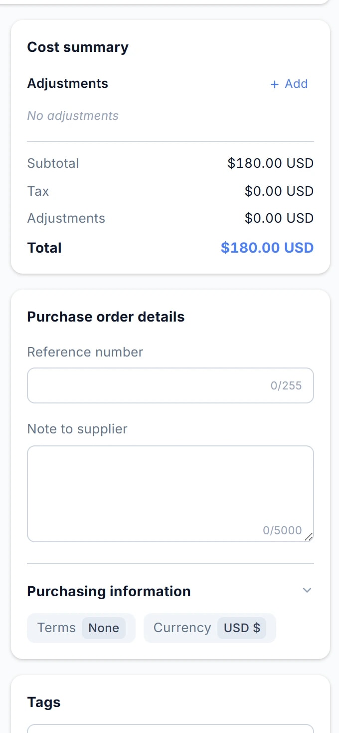 Cột phải trang tạo phiếu: Cost summary (Subtotal, Tax, Total), Purchase order details (Reference number, Note to supplier), Purchasing information (Payment terms, Currency), Tags.