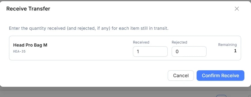 Popup Receive Transfer: mỗi sản phẩm có ô Received, Rejected và số Remaining; dưới cùng có nút Cancel và Confirm Receive.