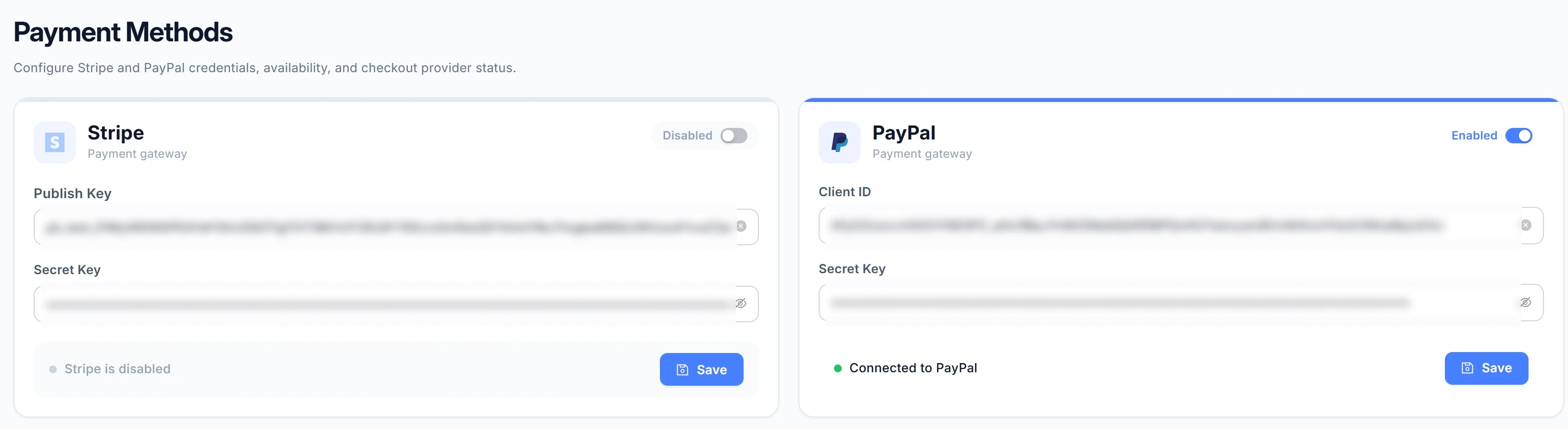 Khối Payment Methods với hai thẻ Stripe và PayPal; nút Save của Stripe (1) và Save của PayPal (2) được khoanh đỏ.