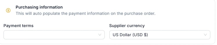Nhóm Purchasing information trong drawer Create supplier: hai ô Payment terms và Supplier currency (US Dollar USD $).