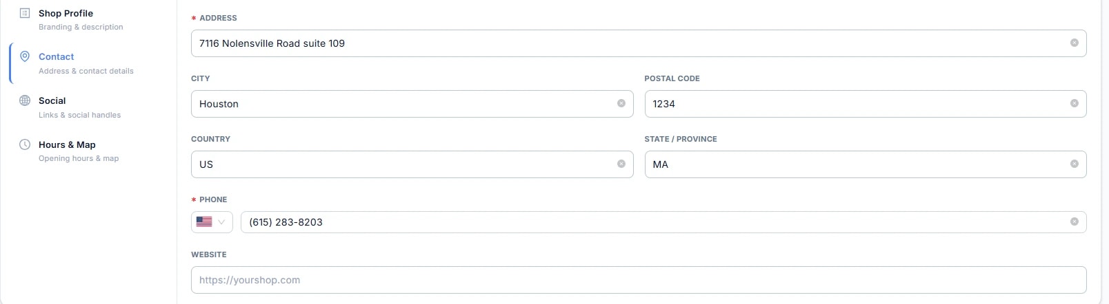 Thẻ Contact đang mở: Address, City, Postal code, Country, State/Province, Phone, Website.