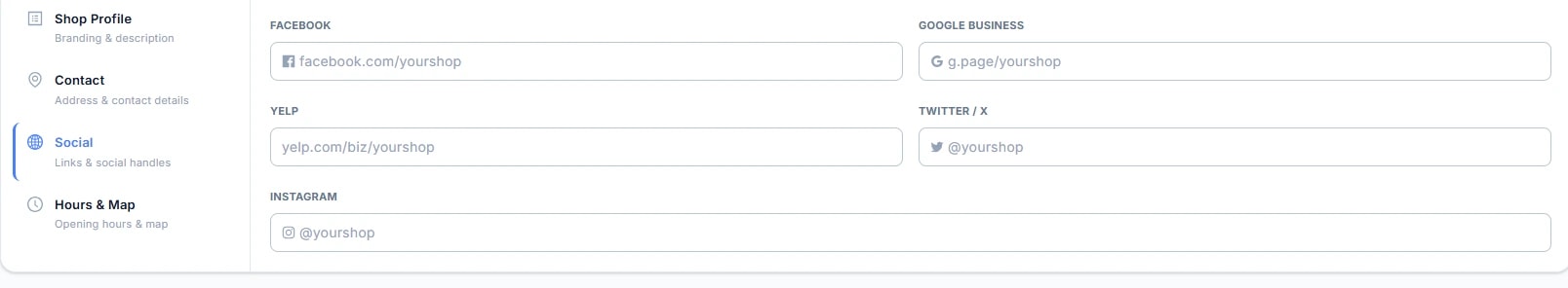 Thẻ Social đang mở: Facebook, Google Business, Yelp, Twitter/X, Instagram.
