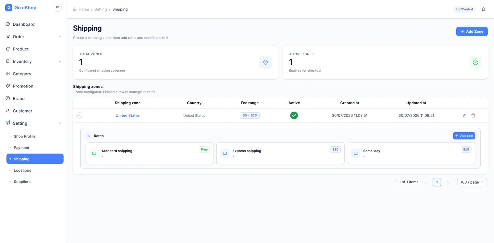 Màn hình Shipping: hai thẻ tổng hợp Total zones và Active zones ở trên, bảng Shipping zones (cột Shipping zone, Country, Fee range, Active, Created at, Updated at); một vùng đã mở rộng hiển thị khối Rates với các mức phí.