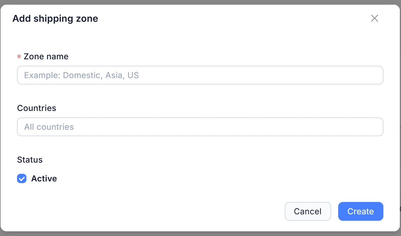 Hộp thoại Add shipping zone: trường Zone name (bắt buộc), Countries (All countries), Status (Active), nút Cancel và Create.