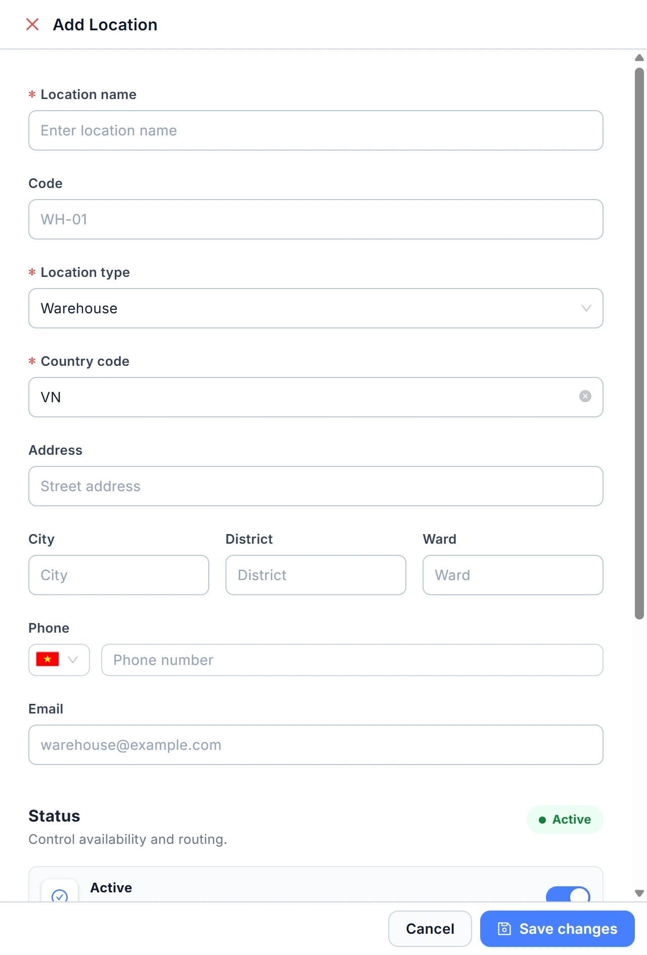 Drawer Add Location: ba trường bắt buộc Location name (1), Location type (2), Country code (3) được khoanh đỏ; kèm Code, Address, City, District, Ward, Phone, Email và khối Status với ba công tắc Active, Default location, Fulfill online orders.