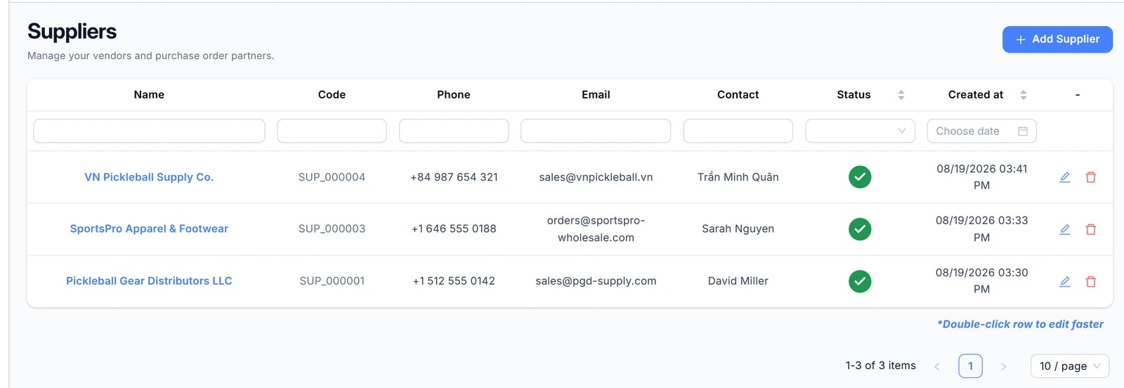 Màn hình Suppliers: bảng nhà cung cấp với các cột Name, Code, Phone, Email, Contact, Status và Created at; ba nhà cung cấp trong danh sách; mỗi cột có ô lọc riêng; nút Add Supplier ở góc trên bên phải.