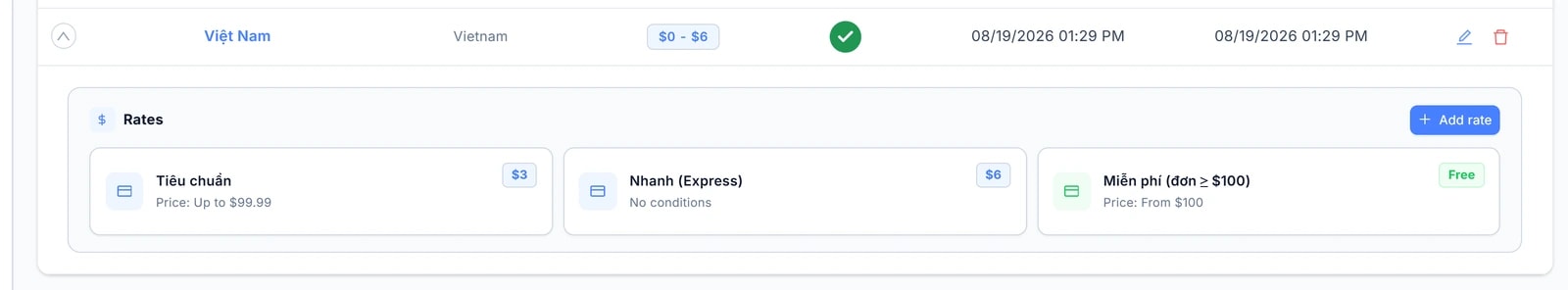 Dòng vùng Việt Nam đã mở rộng, để lộ khối Rates với ba mức phí (Tiêu chuẩn $3, Nhanh (Express) $6, Miễn phí đơn ≥ $100 Free) và nút Add rate ở góc phải.